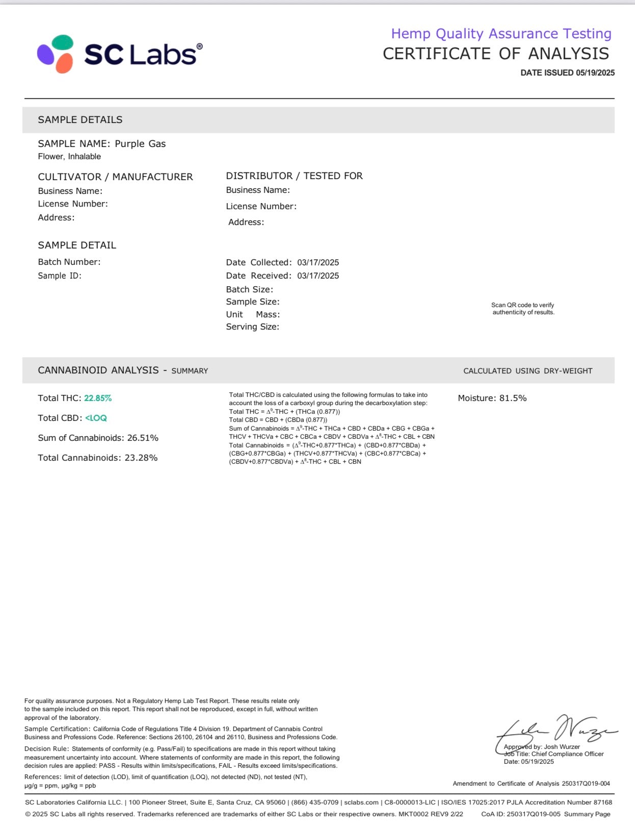 THCa Flower 22.8% | Purple Gas AAA Indoor | Indica