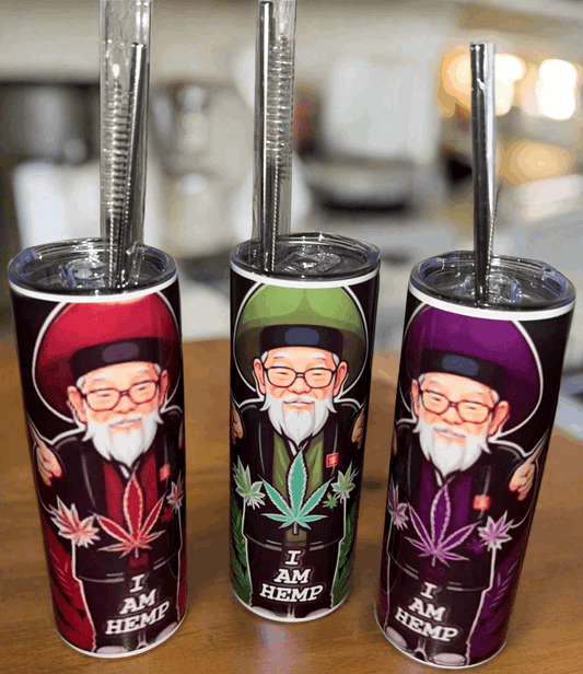 I Am Hemp Inc 20oz skinny tumbler with a sleek design, perfect for beverages, featuring the I AM HEMP branding.