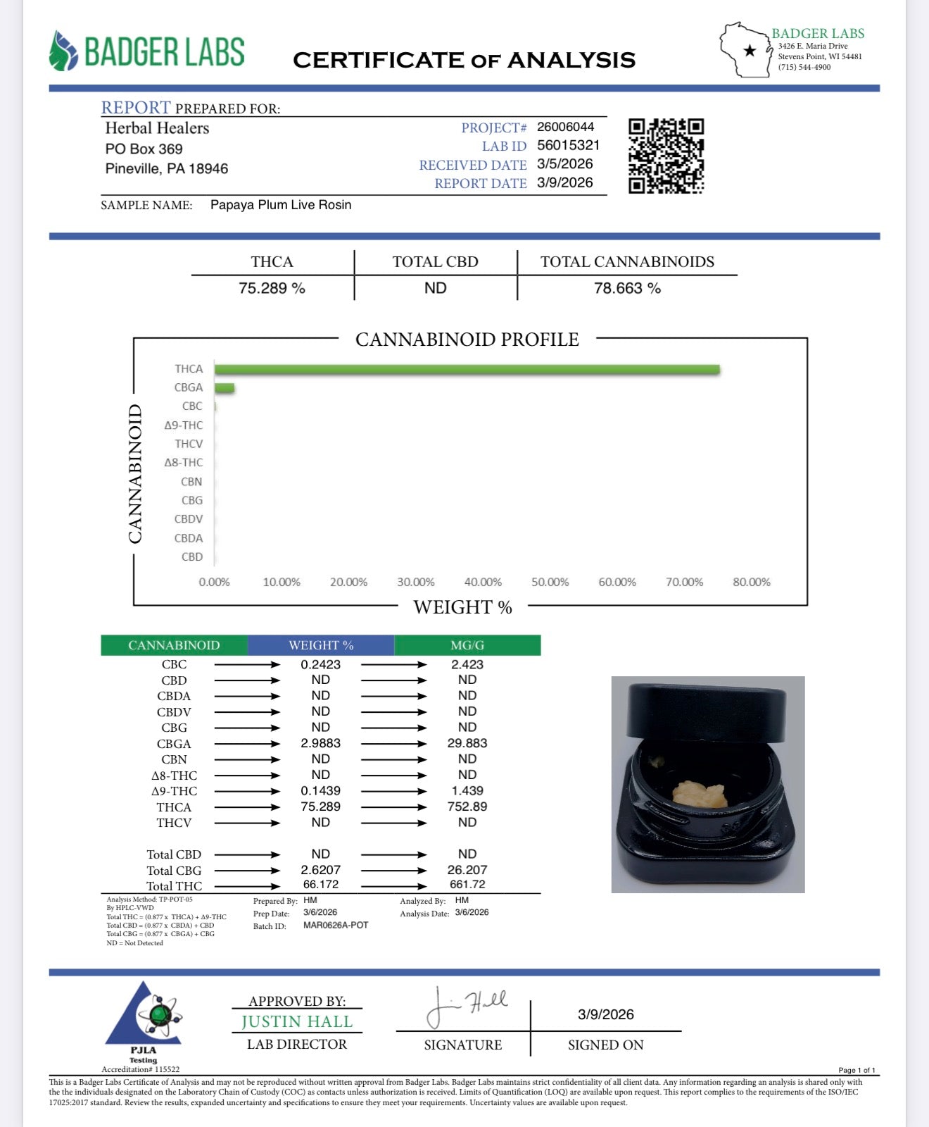 I Am Hemp Inc. 1 Gram live hash rosin concentrate with 78.6% potency, shown in a clear container with a golden, sticky texture.