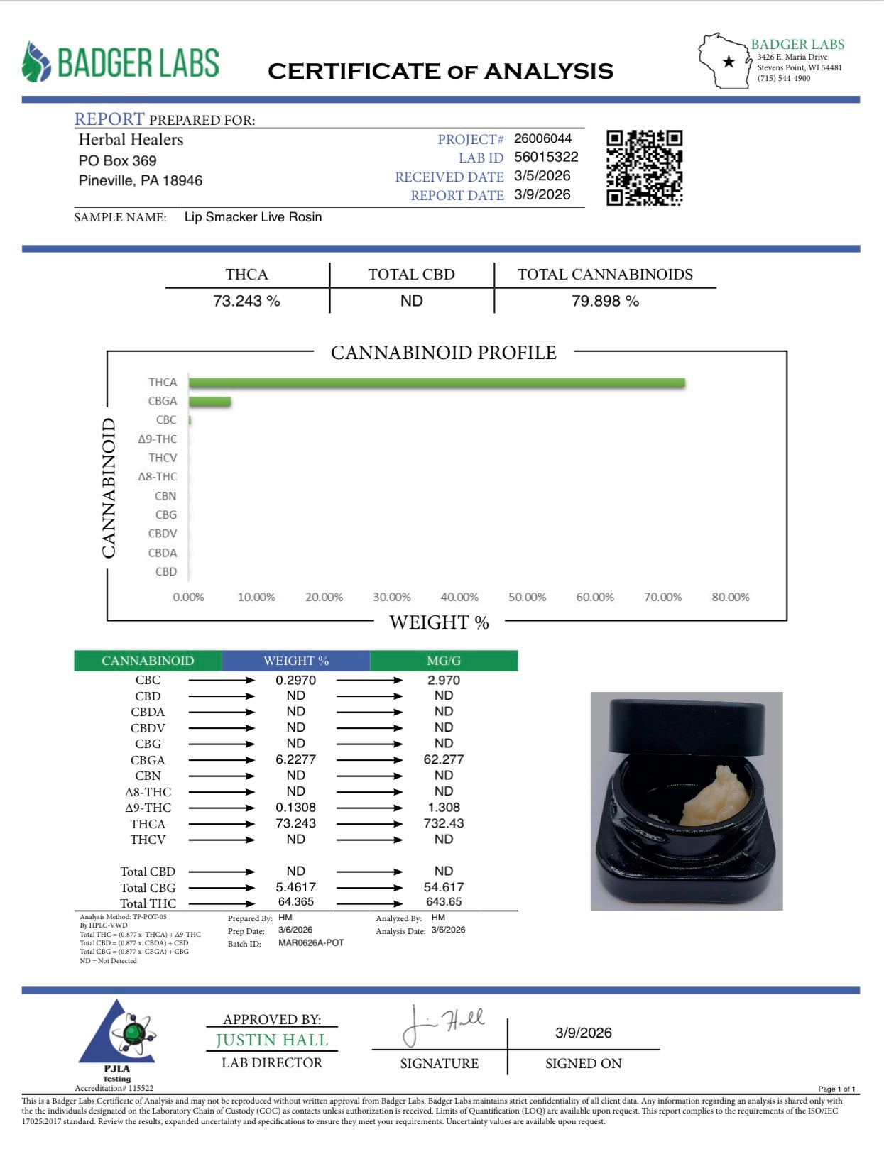 I Am Hemp Inc 1 Gram live hash rosin concentrate with 78.6% potency, shown in a clear container with a golden, textured appearance.