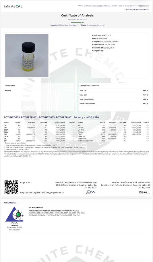 1 Gram 86.7% THCa Distillate Cartridge