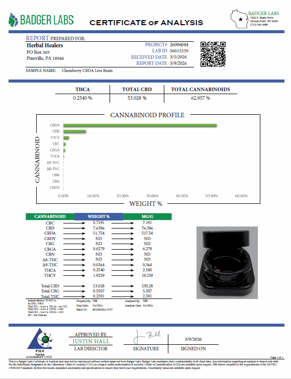 I Am Hemp Inc CBDa Live Resin concentrate, 1 gram, with 89.9% CBDa, shown in a clear container with a black lid.