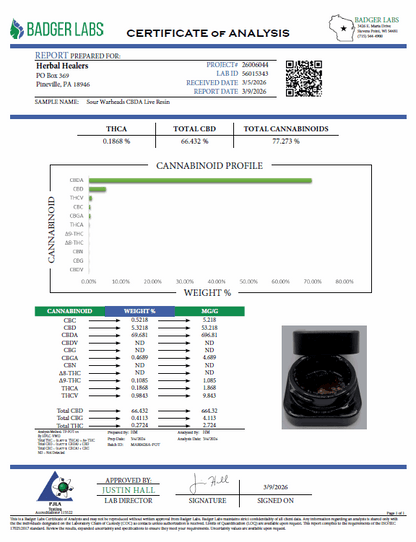 Screenshot of 1 Gram CBDa Live Resin concentrate by I Am Hemp Inc with 89.9% CBDa content, showcasing the product packaging.